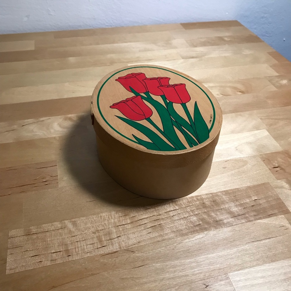 Vintage 1980s Lynn Gates Hand Painted -Tulips- Wood Oval Trinket Box